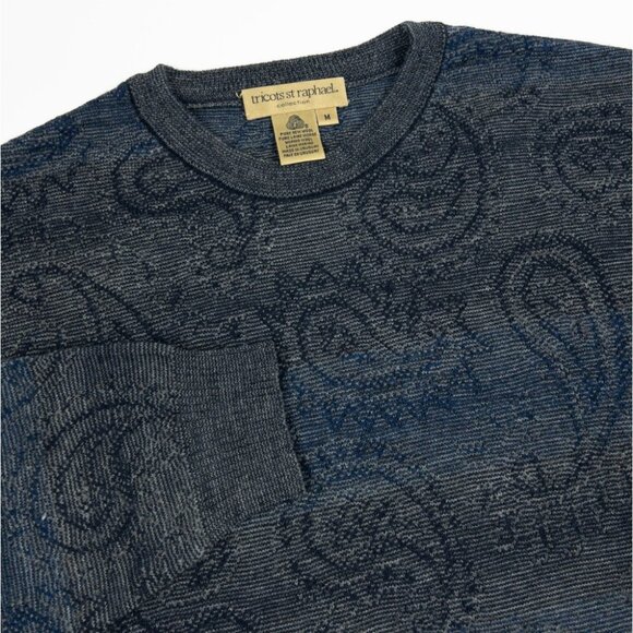 Tricot St Raphael Wool Sweater Men Medium Paisley Blue Gray Crewneck Vintage 90s - Picture 1 of 10
